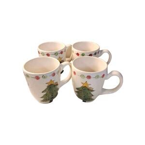 Tabletops Gallery Ceramic‎ Hand Painted Button Christmas Tree Coffee Mugs Set 4